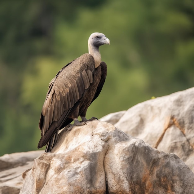 Foto un grande avvoltoio è appollaiato su una roccia con lo sfondo di alberi verdi.