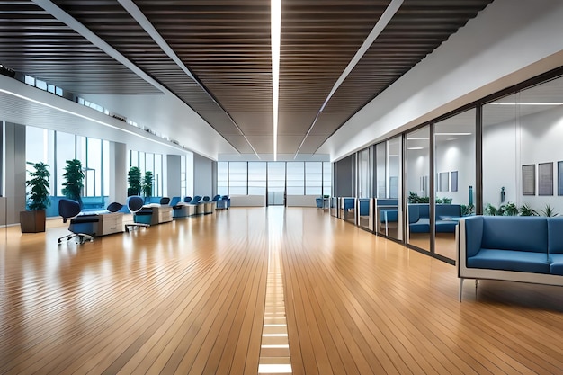 A large waiting room with a glass wall and a light fixture.