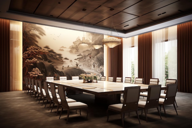 A large wall mural in a dining room with a large table and chairs.