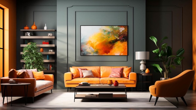 Large wall tv in a living room with sofa orange interior