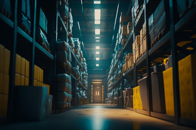 Large warehouse filled with lots of shelves filled with lots of boxes and other items Generative AI