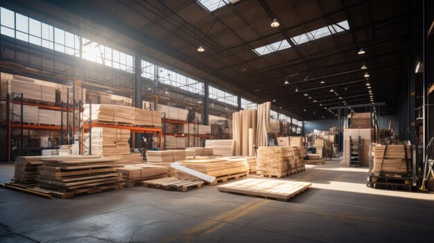 A large warehouse filled with stacks of building materials including lumber steel beams