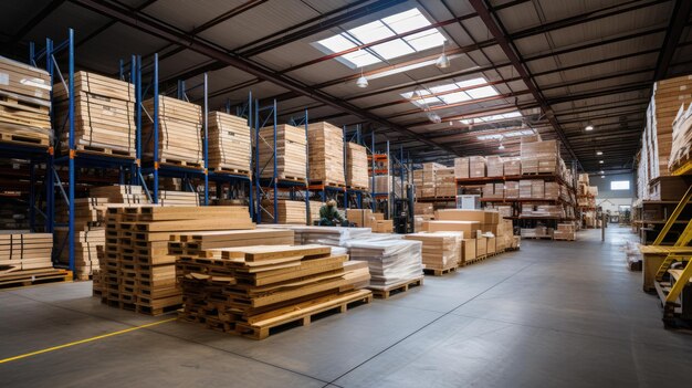 A large warehouse filled with stacks of building materials including lumber steel beams