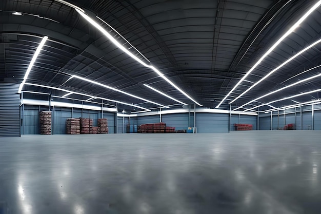 A large warehouse with a blue wall and a large light on the ceiling.