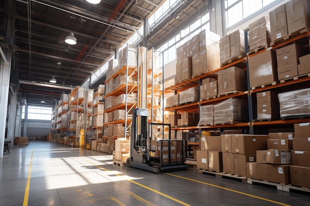 A large warehouse with a forklift and many shelves of boxes