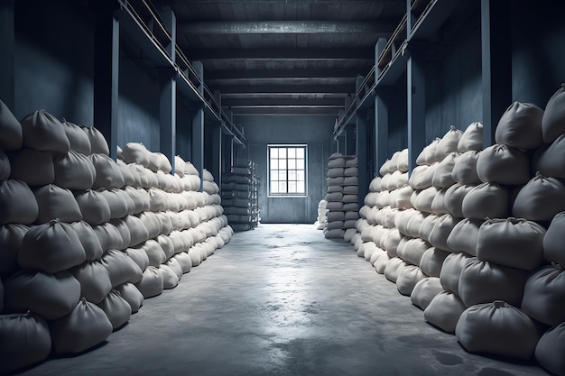 A large warehouse with a large amount of white sacks stacked on top of each other.