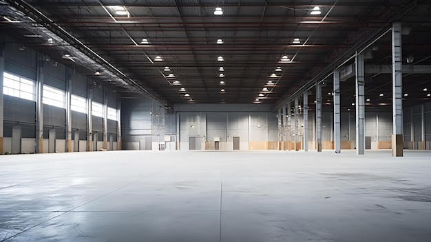 A large warehouse with a large floor and a white floor.