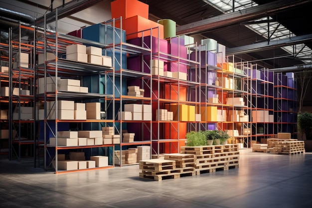 a large warehouse with many different colored boxes on the bottom