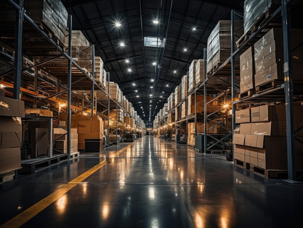 A large warehouse with multiple stacks of boxes parcels and merchandise long corridor along the way Generative AI