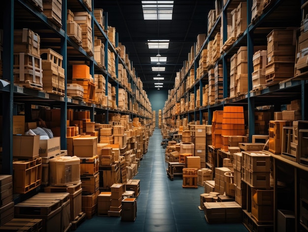 複数の箱が積み重なった大規模な倉庫 小包と商品が途中にある長い廊下 ジェネレーティブ AI