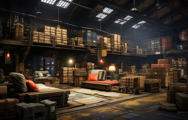 A large warehouse with pallets and boxes