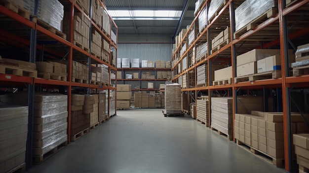 A large warehouse with pallets of cardboard boxes and other items