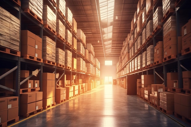 A large warehouse with rows of boxes 3d rendering toned image