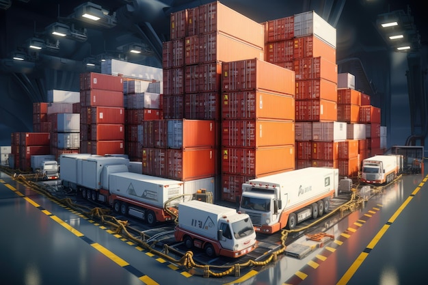 大きな倉庫は箱や商品の複数のスタックが並んでおり物流と倉庫のコンセプトを生成するAI (ジェネレーティブ・AI) 