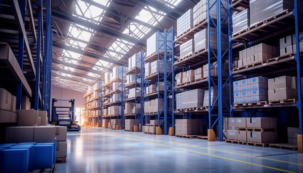 Large warehouse with rows of pallets and racks