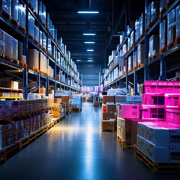 Large warehouse with rows of shelves and boxes Shallow depth of field Warehouse with forklift