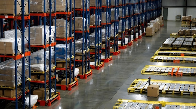 large warehouse with stacked pallets and organized storage