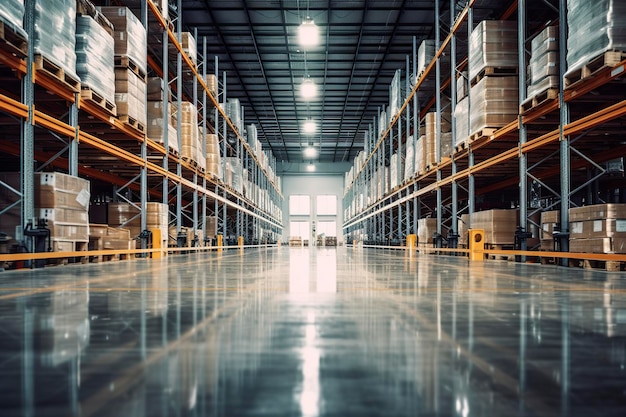 A large warehouse with a wide modern and neat central aisle with no one to store merchandise