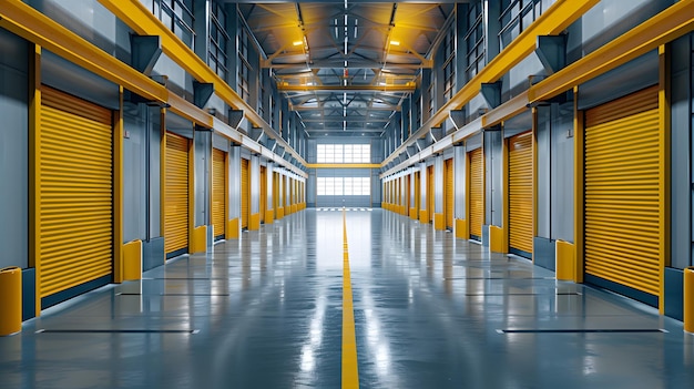 a large warehouse with yellow doors