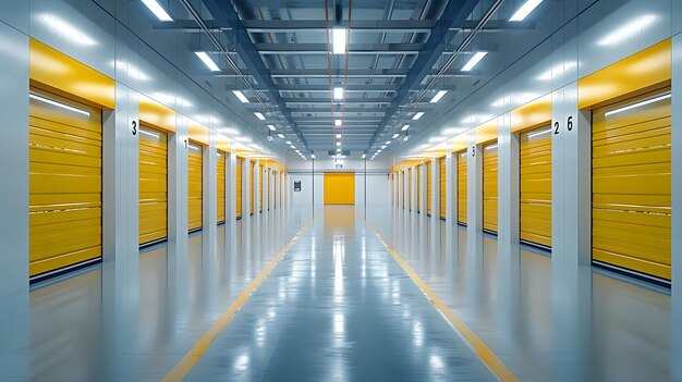 a large warehouse with yellow doors