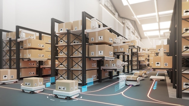 Large warehouses use robotic arms and delivery robots to pick\
up the goods using automation in product management warehouse and\
technology connectivity 3d rendering