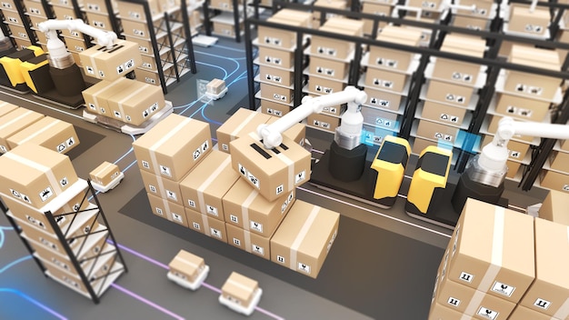 Large warehouses use robotic arms and delivery robots to pick\
up the goods using automation in product management warehouse and\
technology connectivity 3d rendering