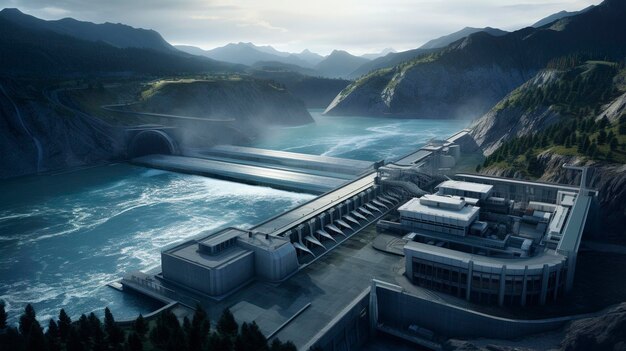 a large water dam with a bridge in the background