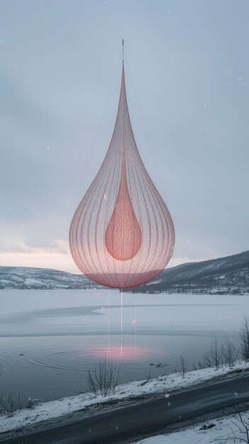 A large water drop suspended above the white lake reflected a colorful light Sacred landscape