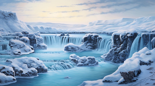 a large waterfall covered with snow and ice Generative AI