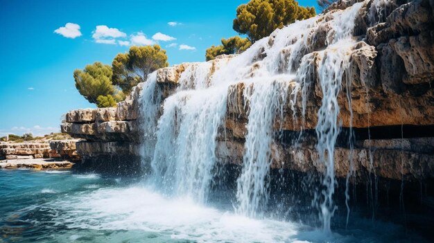 a large waterfall flowing over a cliff into the ocean