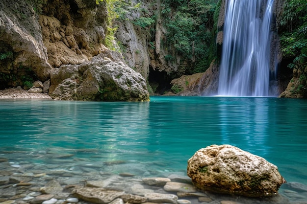 a large waterfall in the middle of a lush green forest