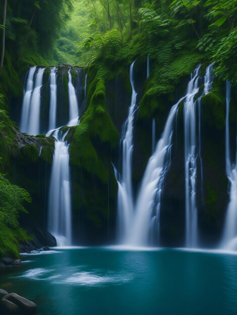 a large waterfall in the middle of a lush green forest