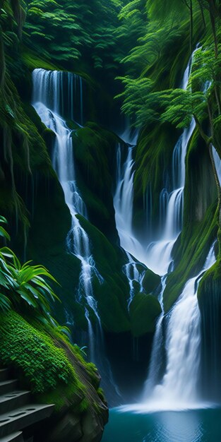 a large waterfall in the middle of a lush green forest