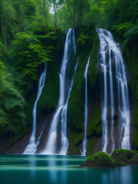 A large waterfall in the middle of a lush green forest