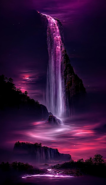 Photo large waterfall in the middle of a purple sky generative ai