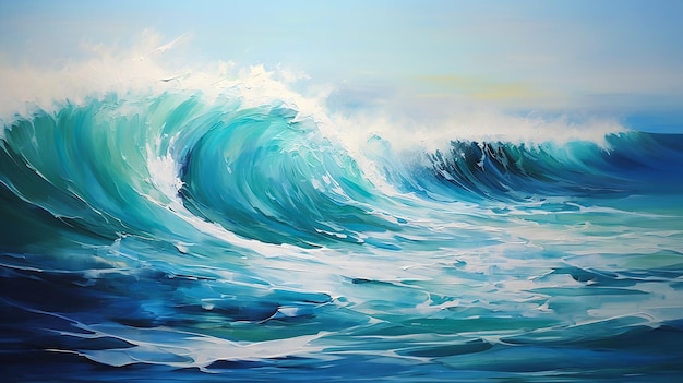 large wave breaking ocean blue sky ultra luscious stand sea behind draped oil thick strokes swirling
