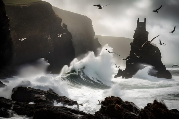 A large wave breaks over a cliff with birds flying around it.