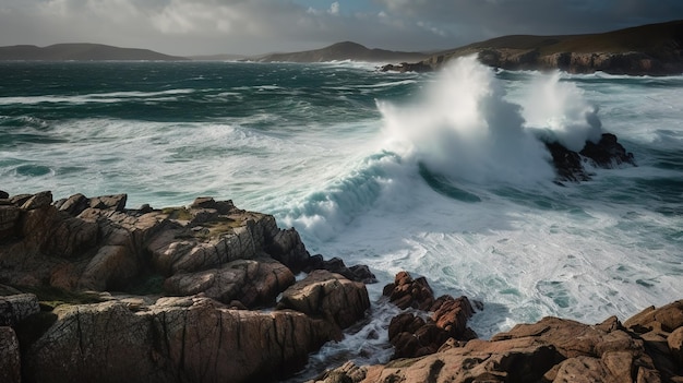 A large wave breaks over a rocky shore with a cloudy sky in the background.