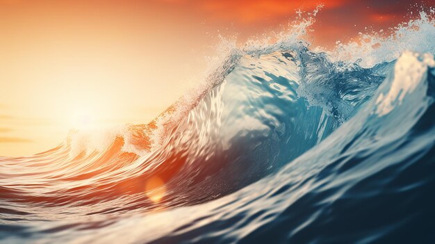 Large Wave CloseUp Natural Light at Sunrise Orange and Blue