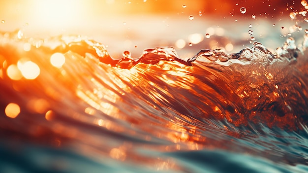 Large Wave CloseUp Natural Light at Sunrise Orange and Blue