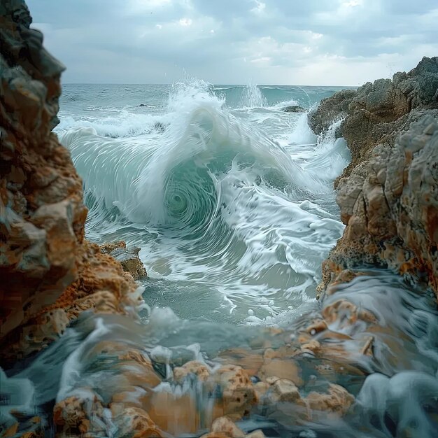 A large wave crashing into a rocky shore