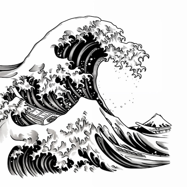 Photo large wave graphics engraving on a white background on the crest of a wave