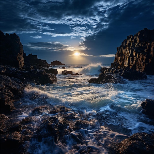 a large wave is crashing into the rocks at night