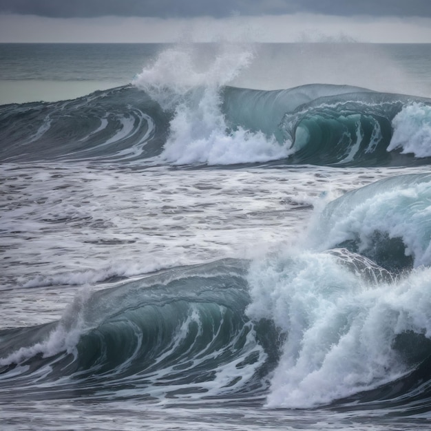 A large wave is crashing into the shore