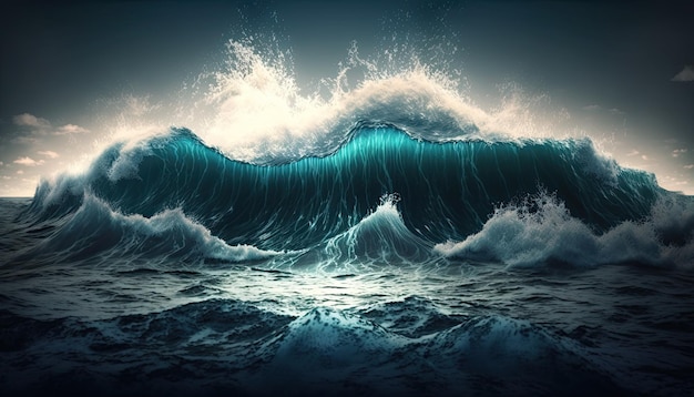 A large wave is crashing on the ocean.