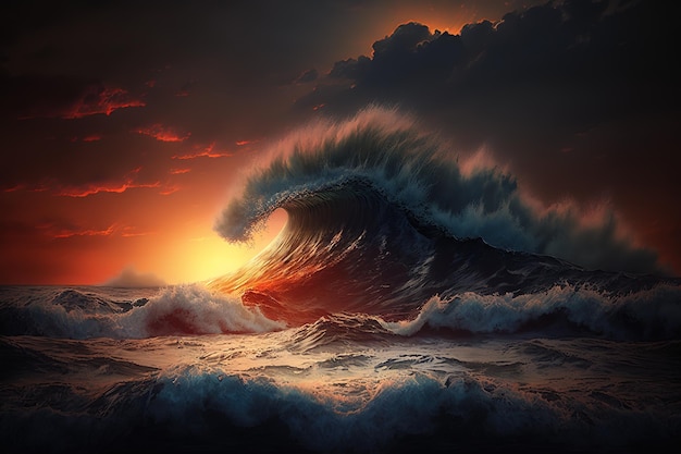 A large wave is in the ocean with the sun setting behind it.