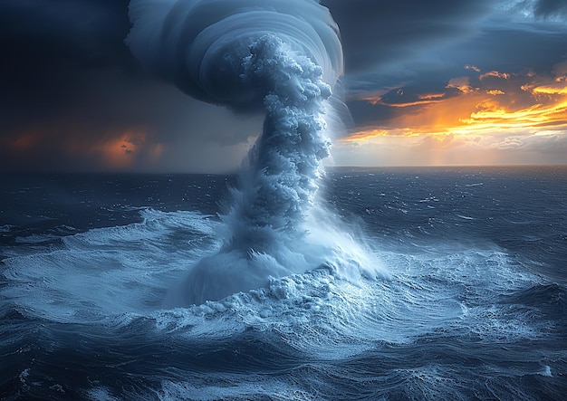 a large wave is rising in the ocean with a sunset in the background