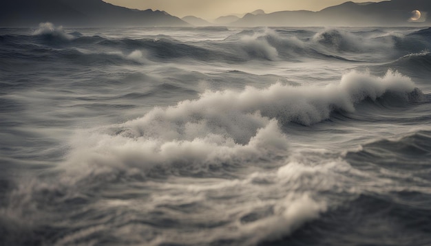 a large wave is rolling over the ocean with the sun setting behind it