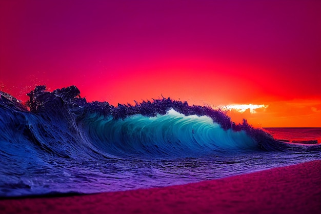 Large wave in the ocean at sunset generative ai