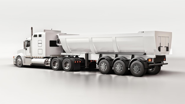 Large white American truck with a trailer type dump truck for transporting bulk cargo on a gray background. 3d illustration.